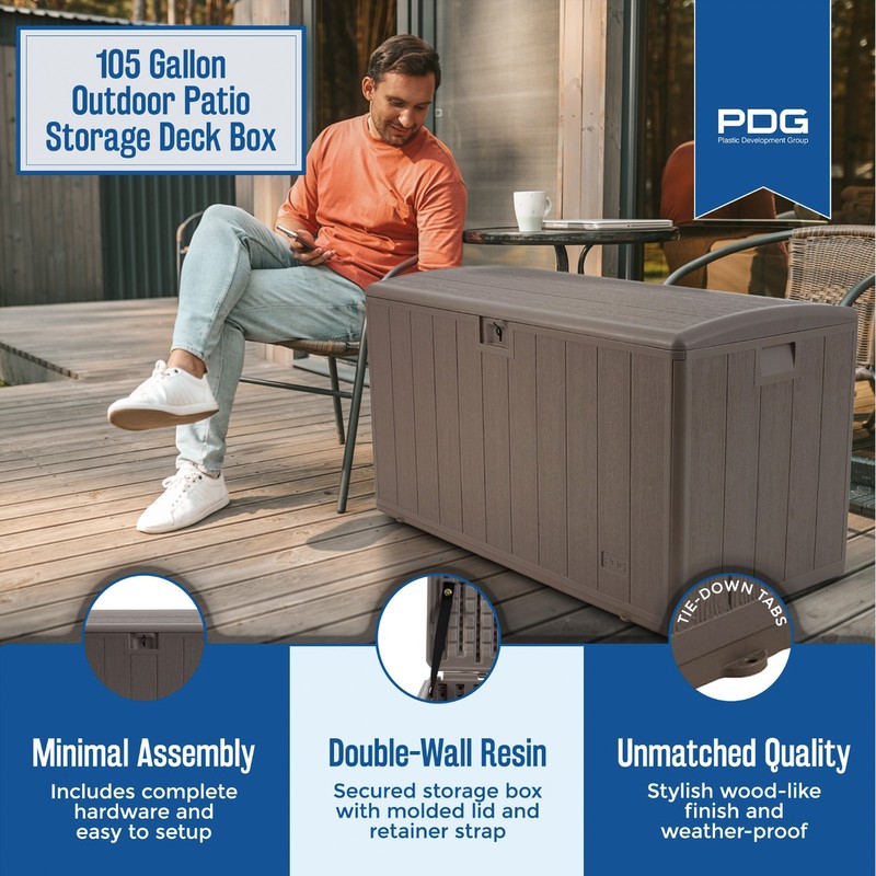 Plastic Development Group 105 Gallon Outdoor Patio Storage Deck Box, Driftwood gallery