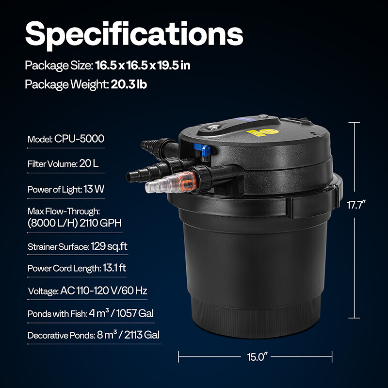 2640 GPH Auto-Cleaning Pressurized Bio Pond Filter & Light Timer for Koi Ponds gallery