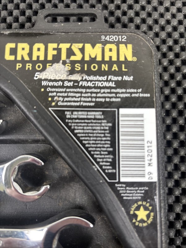 Craftsman 42012, 5pc Polished Flare Nut Wrench Set, SAE, 1/4 - 7/8, USA gallery