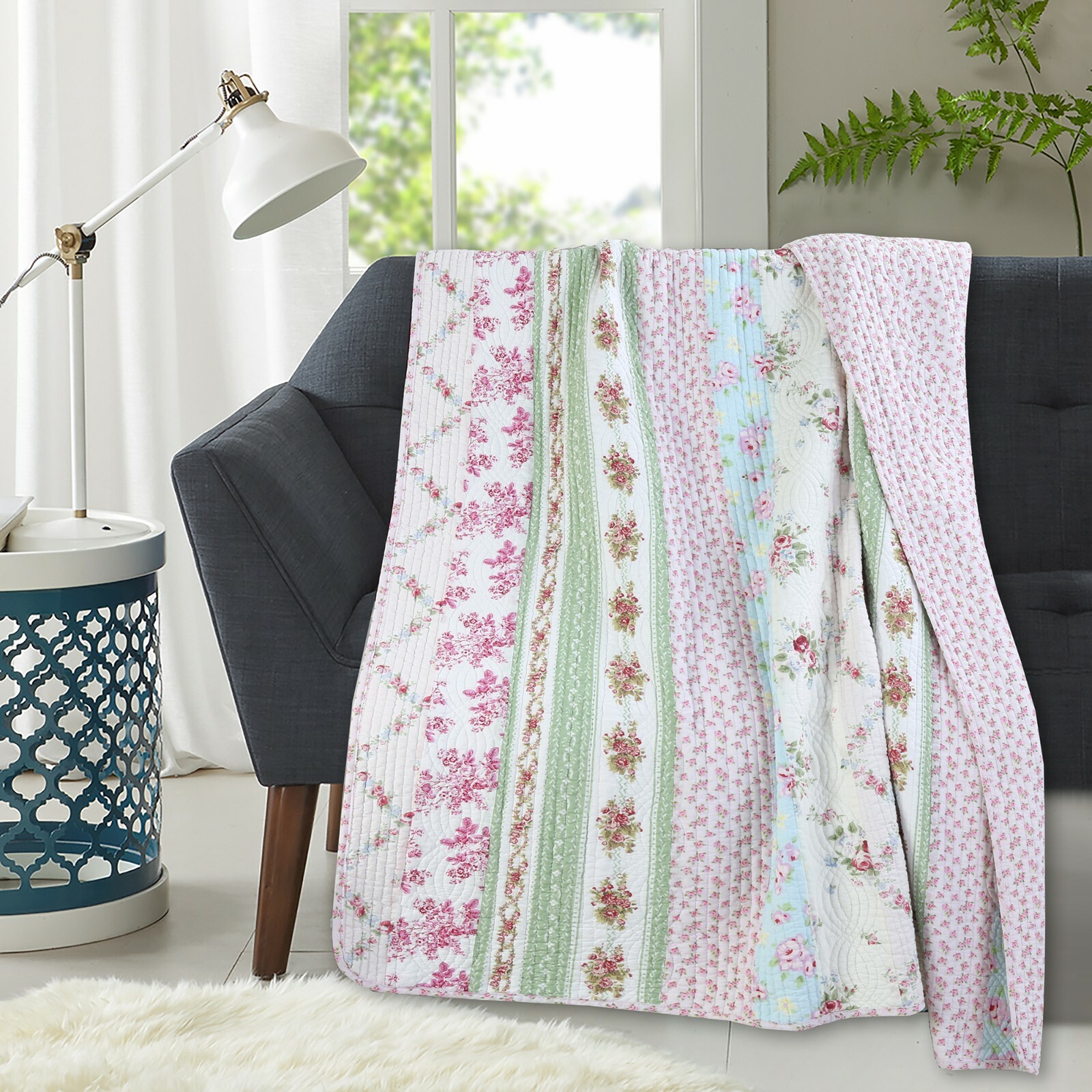 Wild Rose Floral Striped Reversible Cotton Quilted Throw gallery