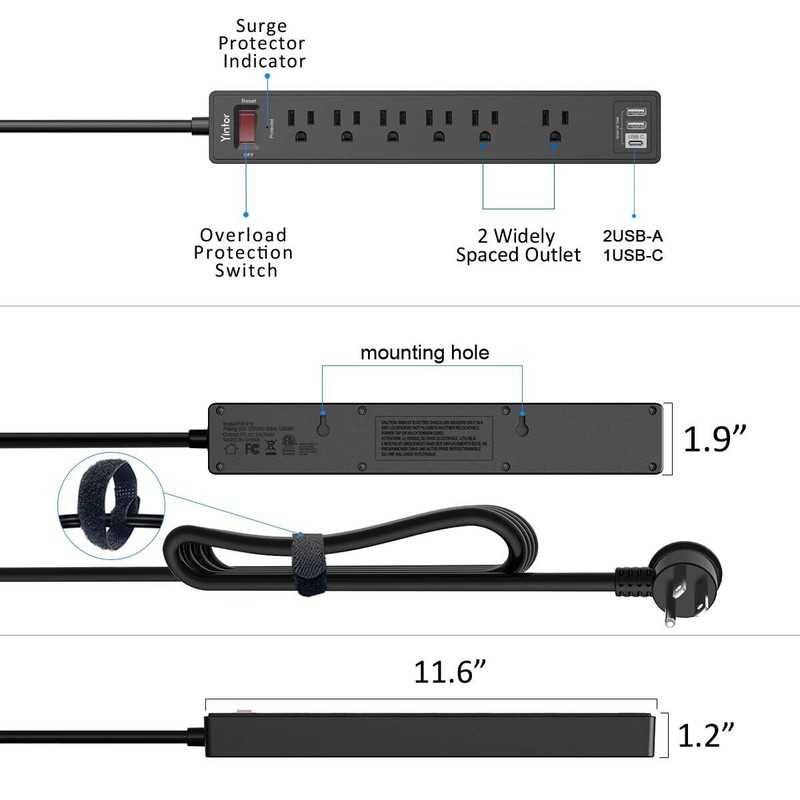 Surge Protector Power Strip 1680j 10ft Extension Cord With 6 Ac Outlets And 3 gallery