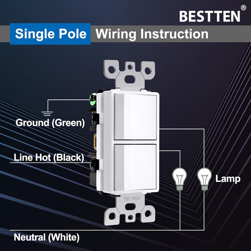 10 Pack Double Light Switch, On/Off Rocker Dual Wall switch, 15A 120V, Single Po gallery
