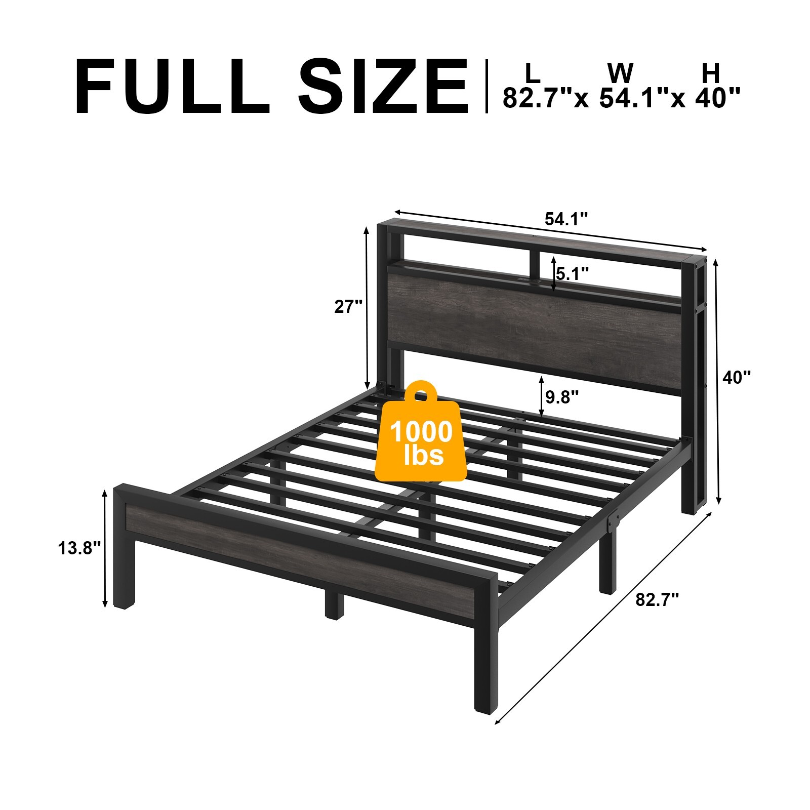 Full/Queen/King Metal Bed Frame with Storage Headboard and Charging Station gallery