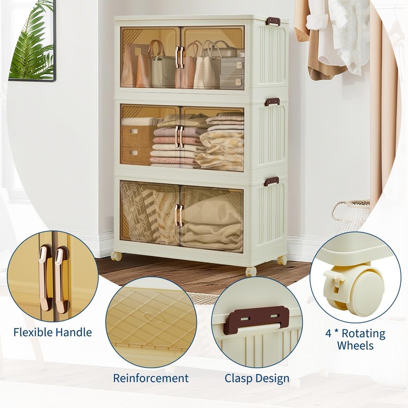 3-Tier 243QT Stackable Storage Bins Fold Storage Box w/ Magnetic Doors & Wheels gallery