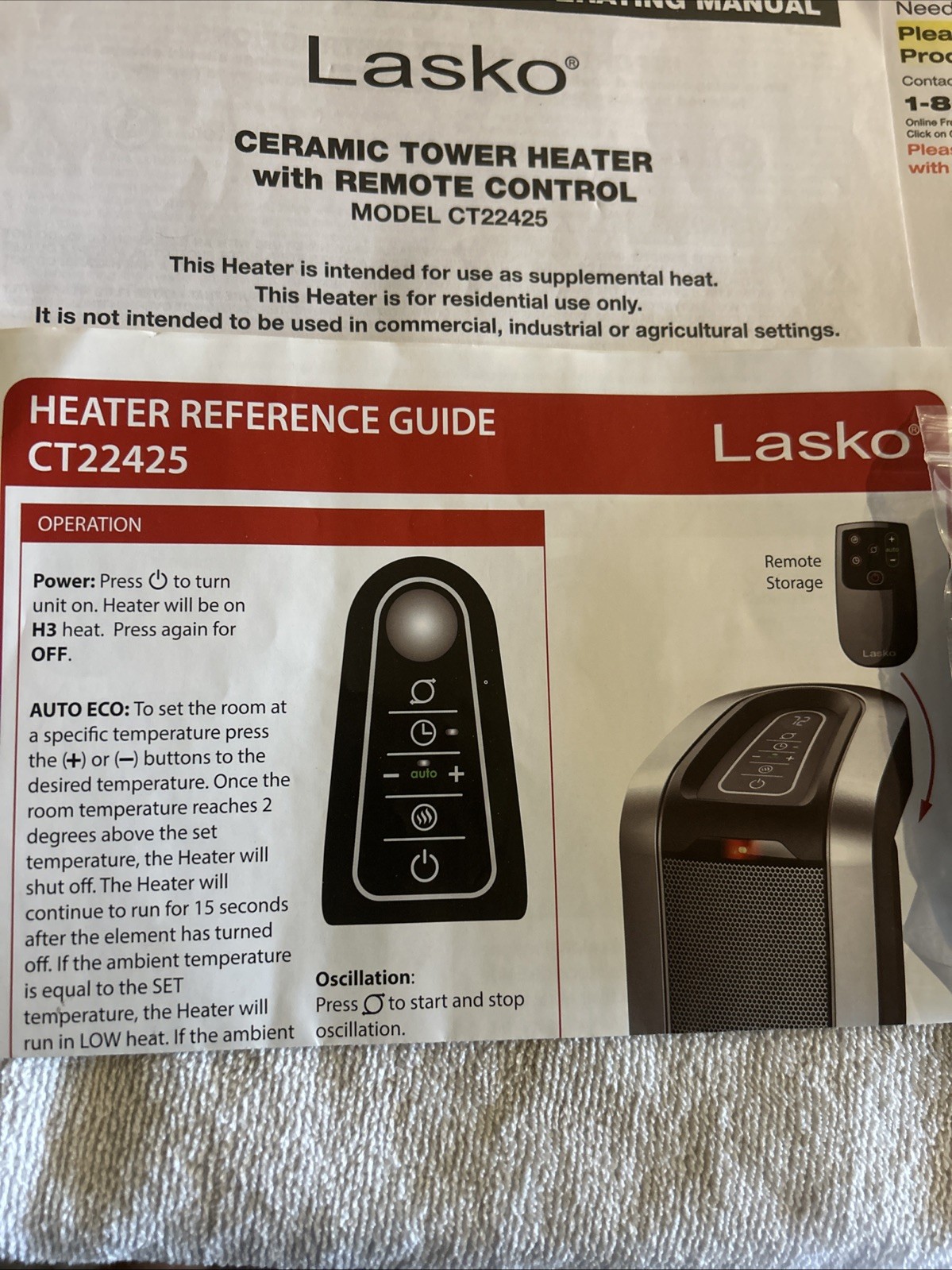 Lasko Oscillating Tower Heater Remote Control 5160-CT22425 gallery