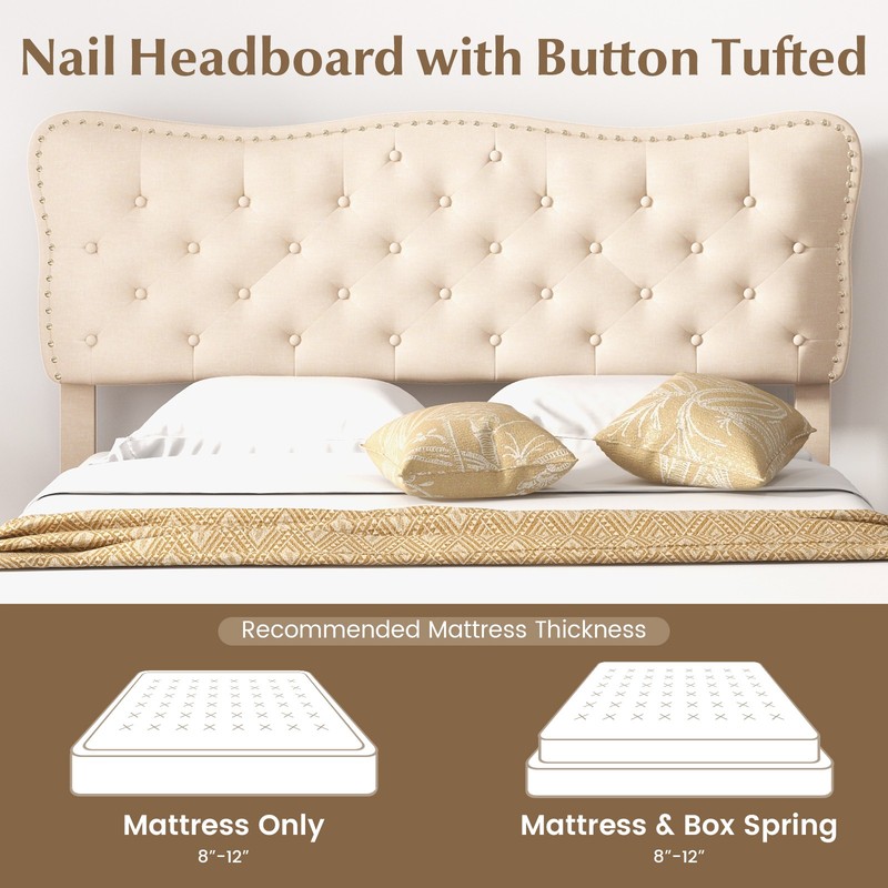 Queen Upholstered Platform Bed Frame Button-Tufted Headboard Mattress Foundation gallery