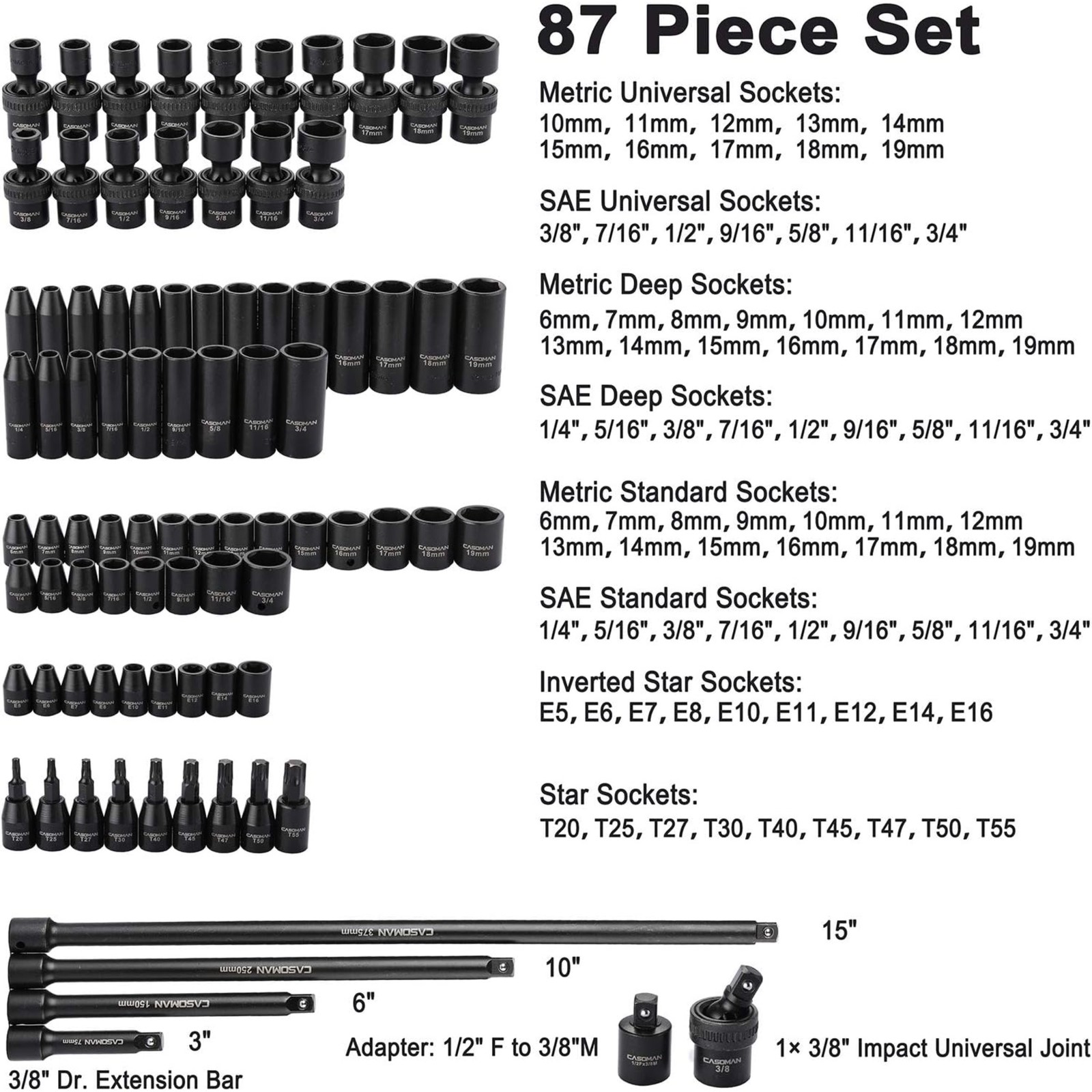 CASOMAN 87 PCS 3/8" Drive Master Impact Socket Set, SAE & Metric Standard gallery