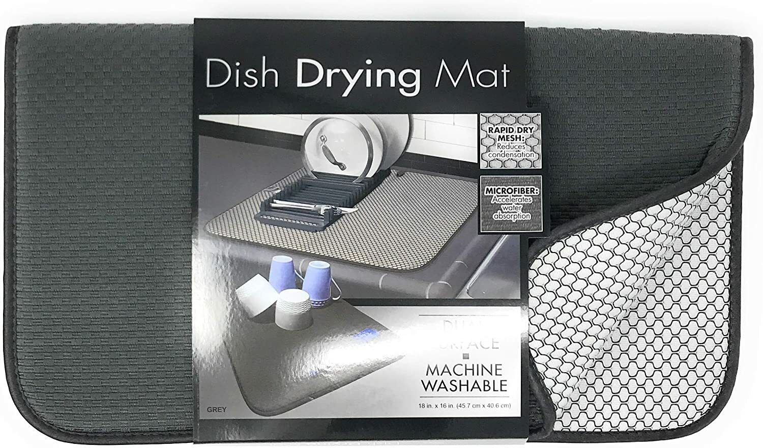 FinnTM Dual Sided Grey 18" x 16" Microfiber Absorbent Kitchen Dish Drying Mat gallery