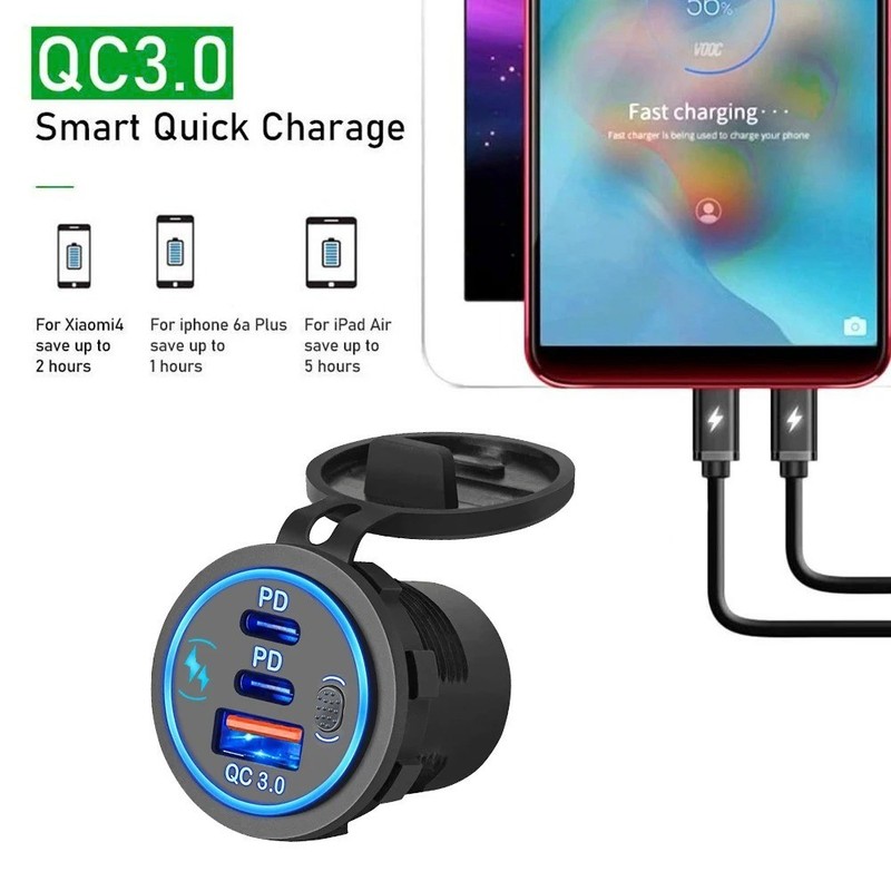 Car Charger Socket PD3.0 & QC3.0 Double USB C Ports Waterproof with LED Touch gallery