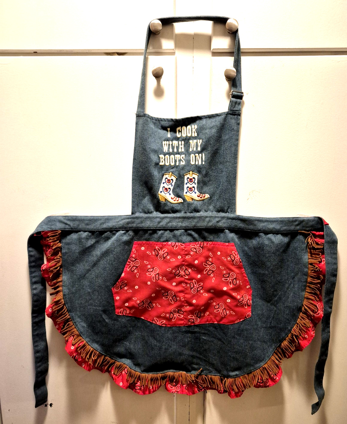 Western Style Denim Apron With Fringe Ruffle Cowboy I Cook With My Boots On gallery