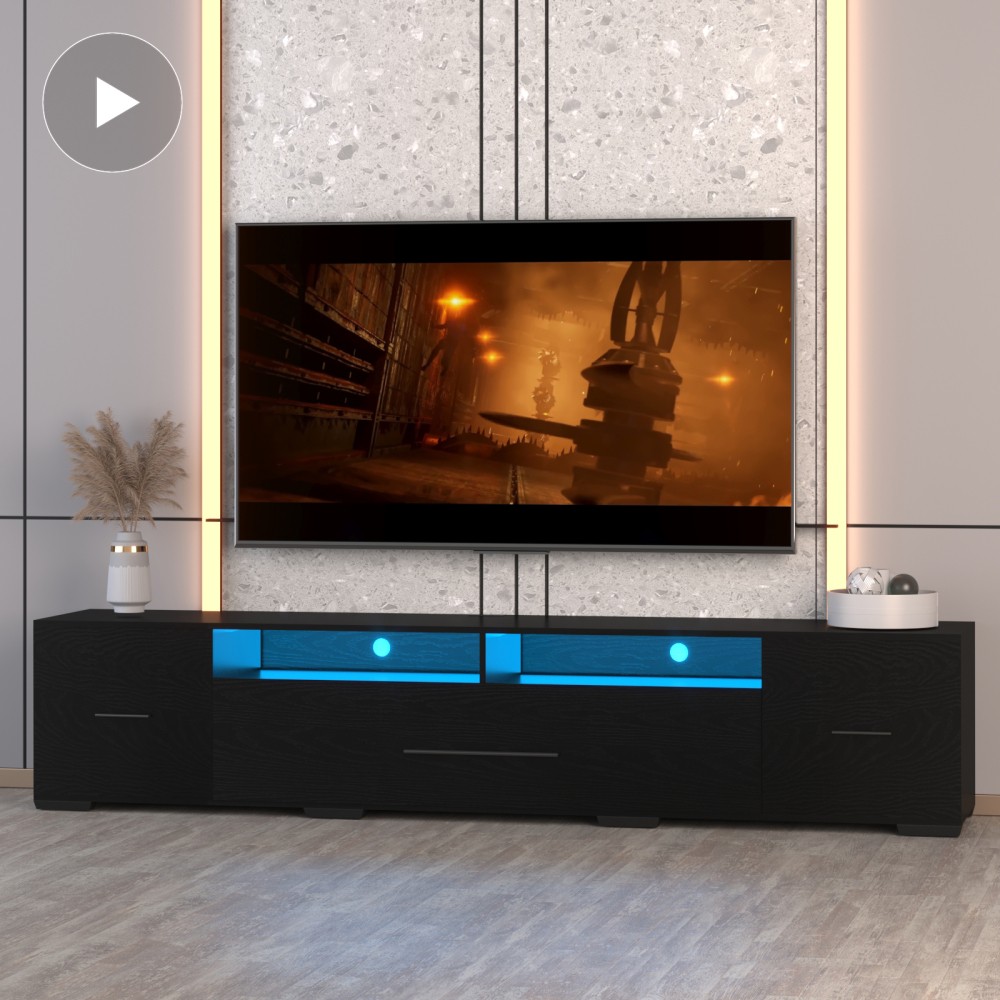 Modern White LED TV Stand with Power Socket, Wood Grain Media gallery