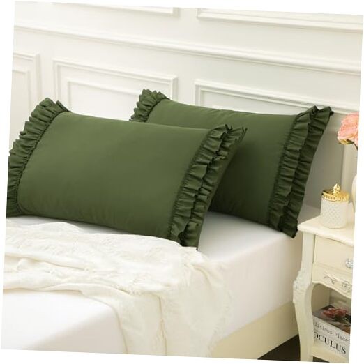 Ruffle Pillow Case Set of 2 Ruffle Pillow Queen：20*30inch Dark Olive Green gallery