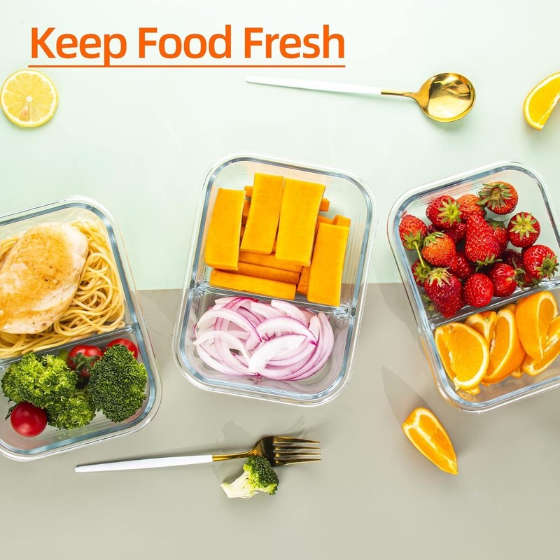Glass Meal Prep Containers 2 Compartment with Lids (5 Pack 34oz) Divided Storage gallery