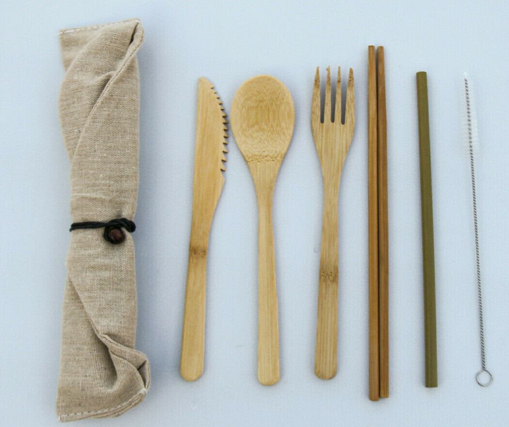 Bamboo Flatware Set, Bamboo Reusable Utensil Set, Green Travel Utensils 7pcs gallery