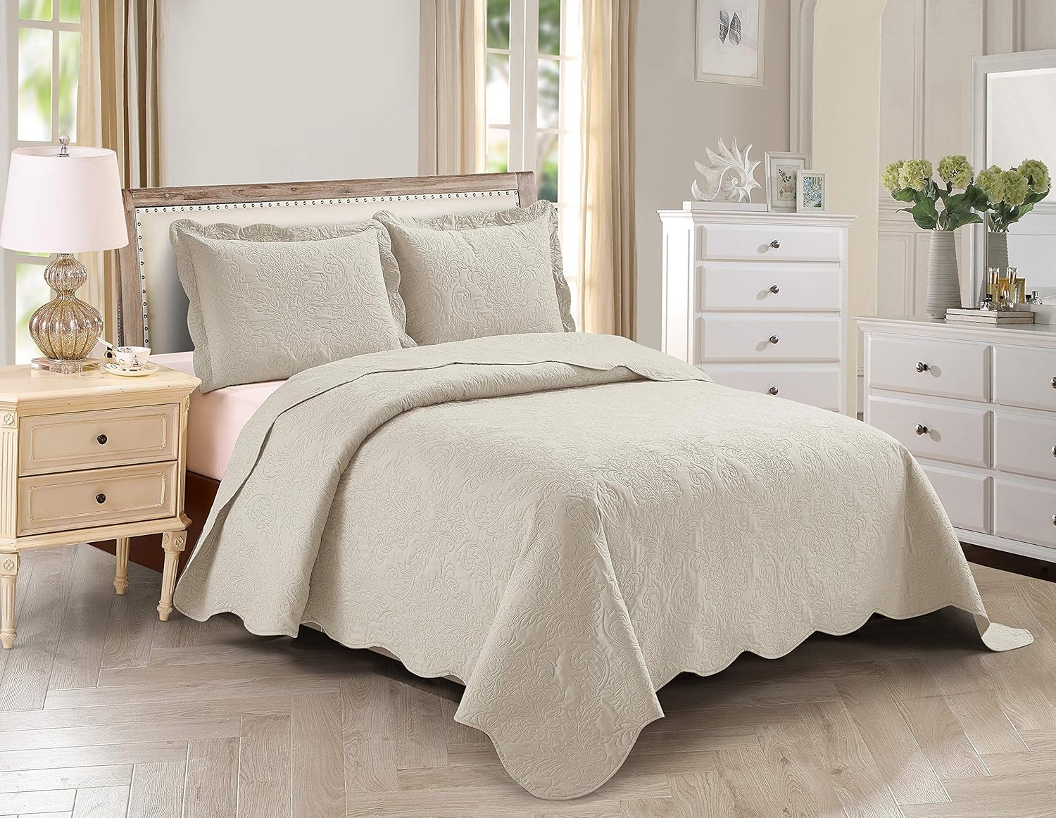 3Pc King/Cal King over Size Elegant Embossed Bedspread Set Light Weight Solid Be gallery