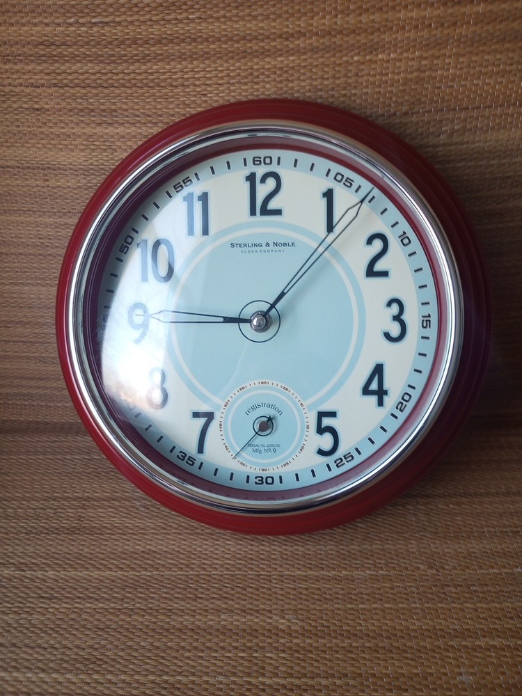Sterling & Noble Retro Wall Clock Serial No. 2055787, 12" Red and Chrome Plastic