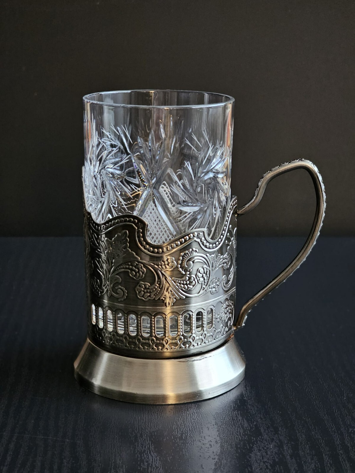 Russian Vintage Crystal Tea Glass 8.5oz with Metal Holder | Podstakannik Set gallery