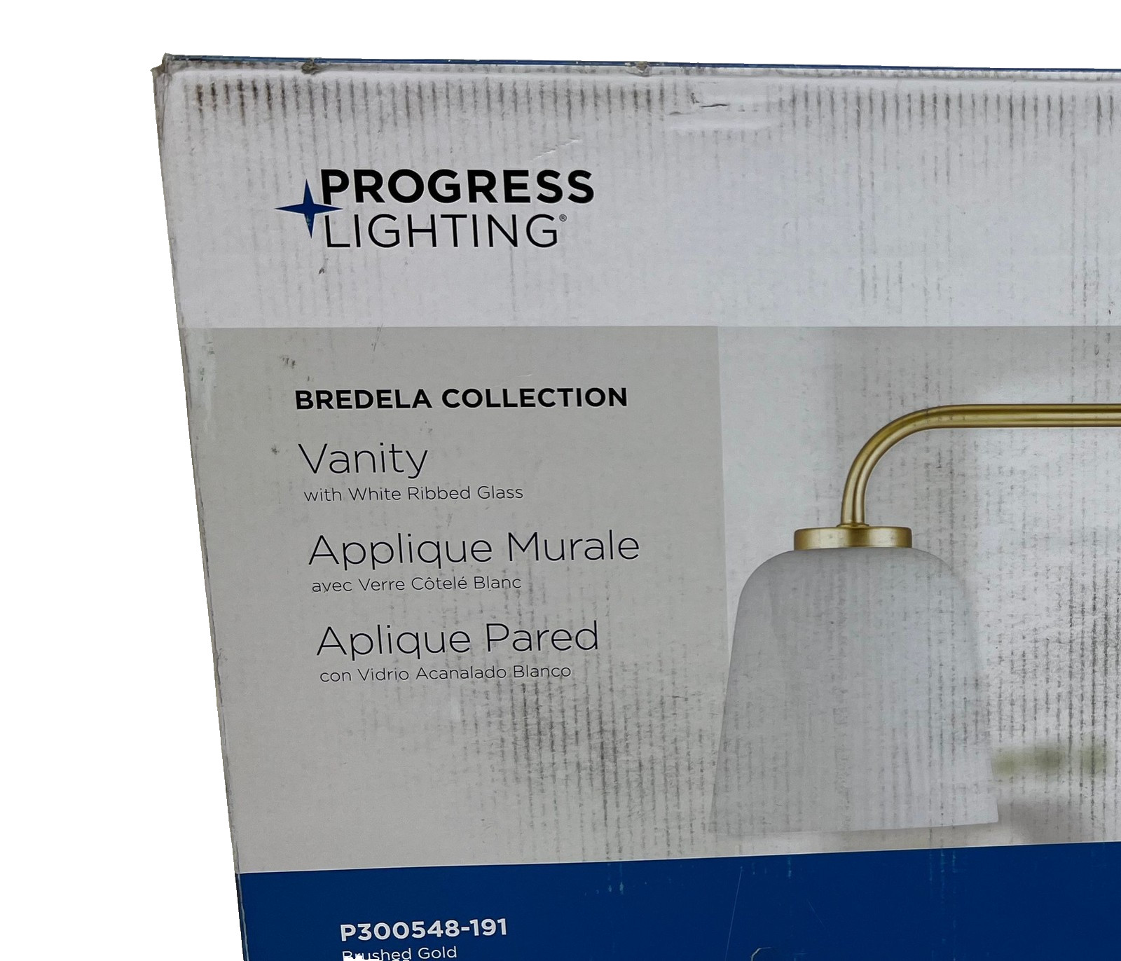 Progress Lighting Bredela 23 in. 3-Light Gold Vanity Light White Ribbed Glass gallery