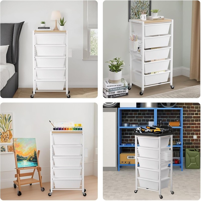 Rolling Cart with 5 Drawers, Plastic Drawer Storage Carts with Wheels & Woode... gallery