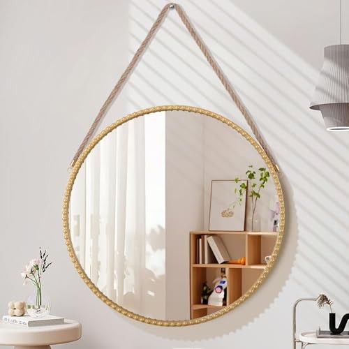 Circle Hanging Mirror Metal Framed Modern Wall 18"L x 18"W Bead & Gold gallery