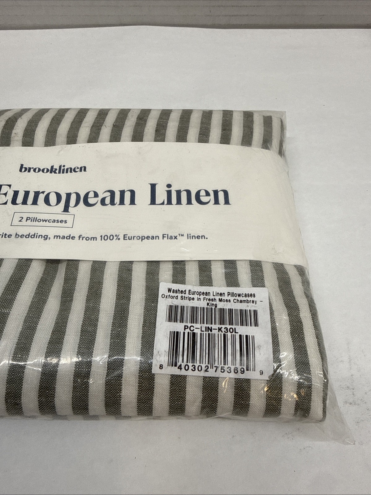 Brooklinen Washed European Linen Pillowcases Oxford Stripe Moss Chambray King gallery
