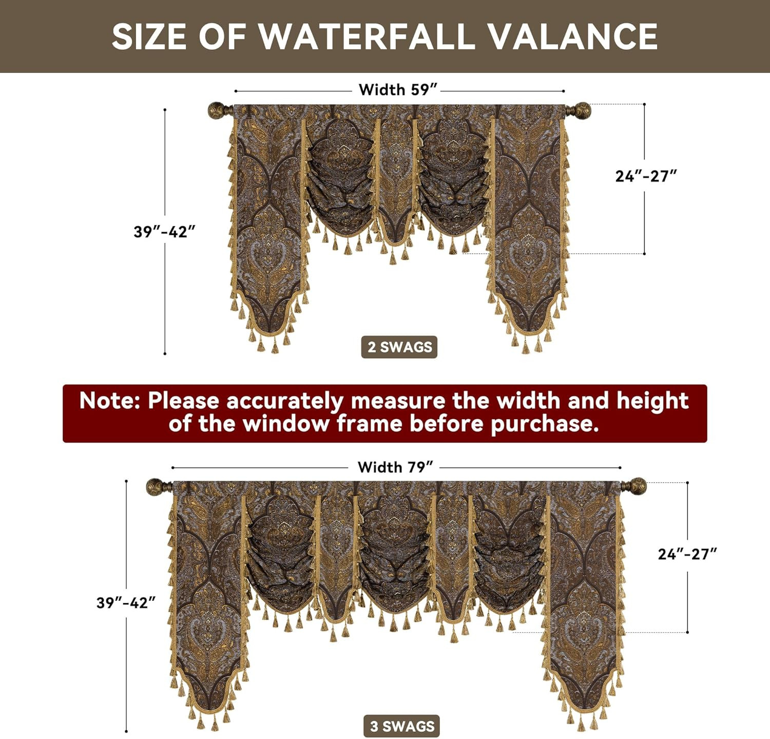 Luxury Bronze Gold Damask Waterfall Valance Curtain with Tassels, 79 Inch gallery