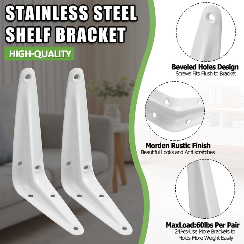 Shelf Brackets 4 x 3 Inch, 24 Pack Heavy Duty White Metal - 60 lbs Load Capacity gallery