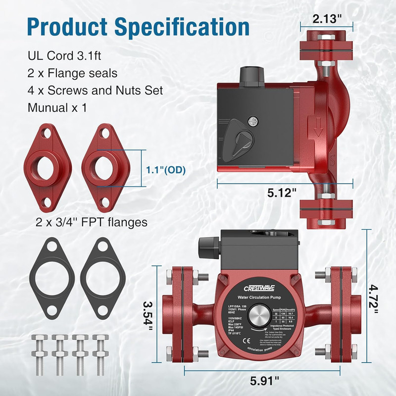 130W Hot Water Recirculating Pump, 3 Speed Adjustable 13 GPM 24Ft Max Head Circu gallery