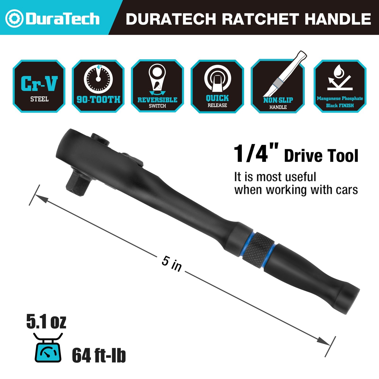 DURATECH 1/4 Inch Drive Ratchet Wrench, 90-Tooth Quick-Release Reversible Wrench gallery