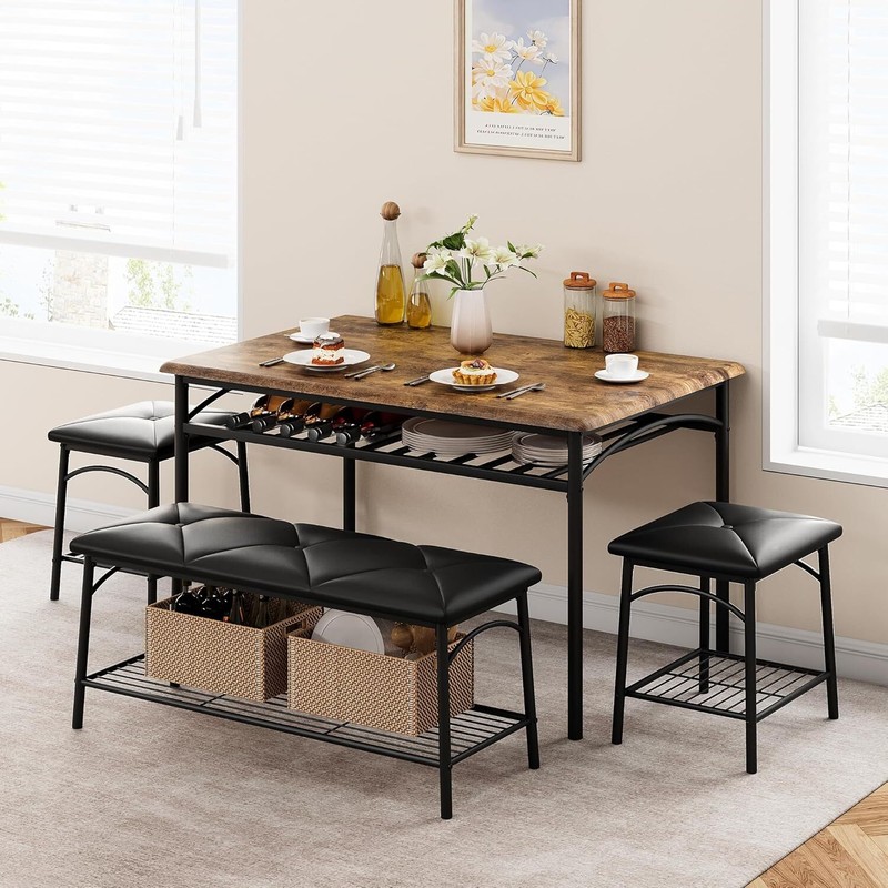 Dining Table Set for 4 Kitchen Table w/Upholstered Bench and Stools Storage Rack gallery