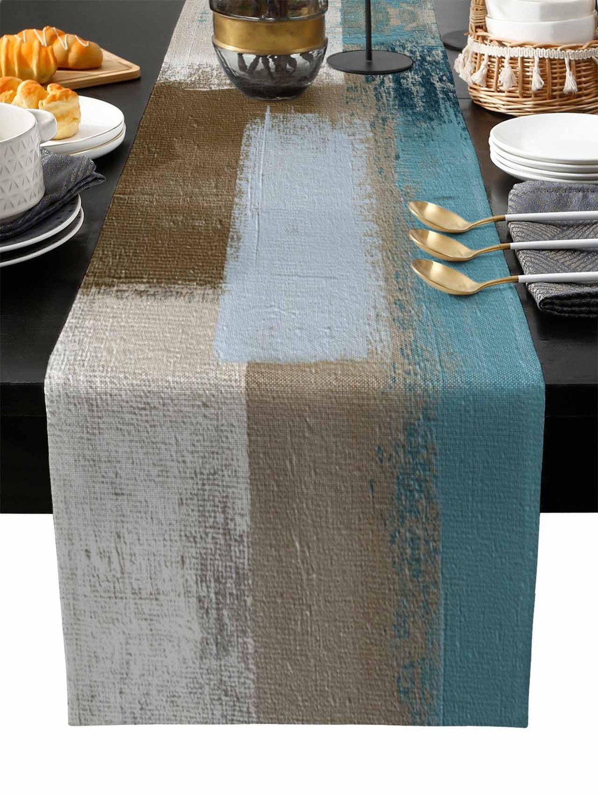 Aqua-Blue Brown Table Runner-Cotton Linen-13x36 Inch Holiday Dresser Scarves,... gallery