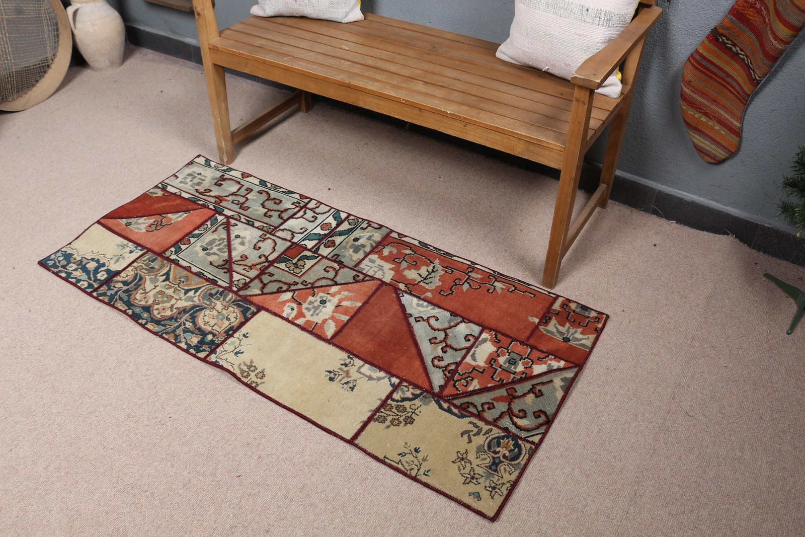 Turkish 2,3x4,9 ft Rug, Small Vintage Rug, Red Blue Check Rug gallery
