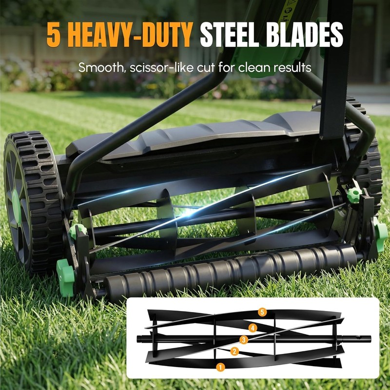 WORKPROX 16" Push Reel Lawn Mower Adjustable Height 5-Blade w/8Gal Grass Catcher gallery