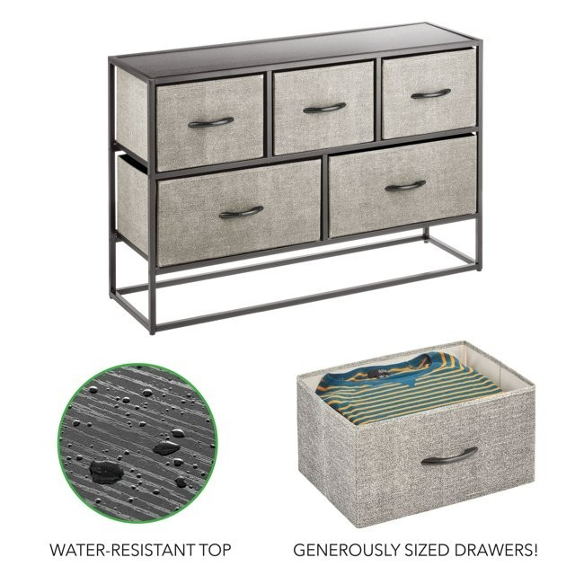mDesign Wide Modern 5-Drawer Storage Dresser Unit, Black/Dark Gray gallery