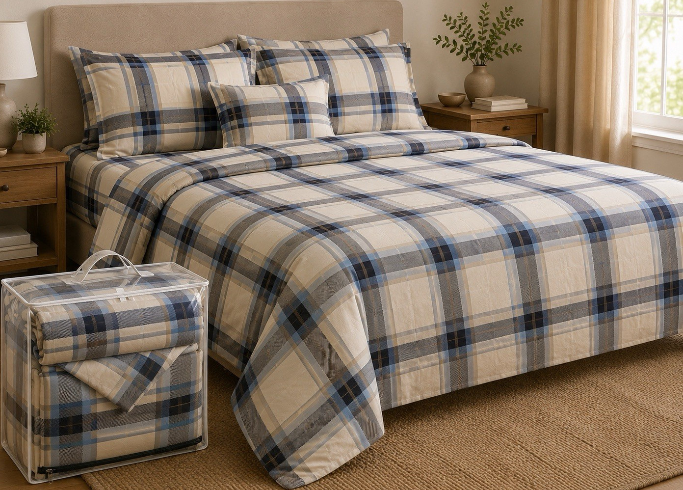 Queen Plaid Sheet Set w/ Pillowcases, Blue Beige White, Machine Wash gallery