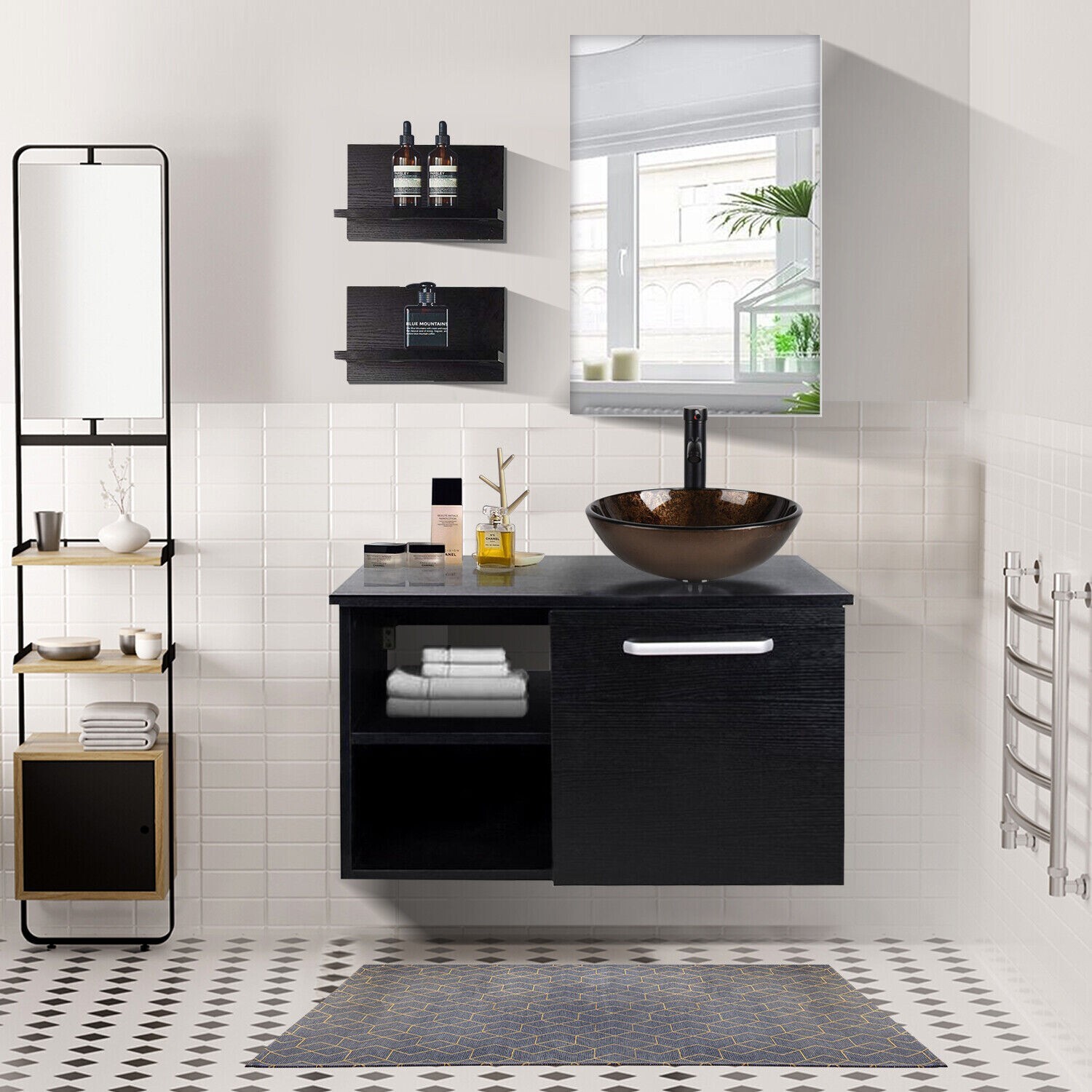 24'' Floating Vanity Sink for Bathroom Black Storage Cabinet w/ Shelves Set New gallery