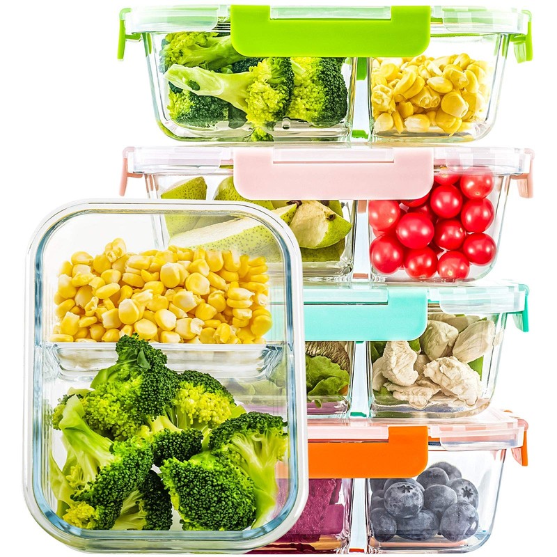 CREST Glass Meal Prep Containers 2 Compartment Set, 5-Pack, 34oz,Divided Bent... gallery