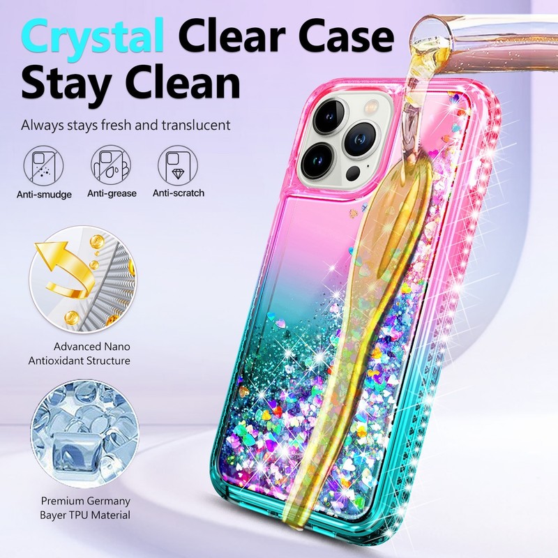 For iPhone 13 Pro Max Pro Mini Liquid Glitter Case With Tempered Glass & Lanyard gallery