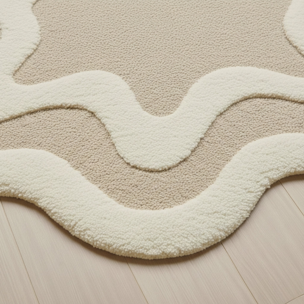 Hand Tufted Wool Wavy Rug: Sculpted High-Low Pile, Cream & Beige gallery