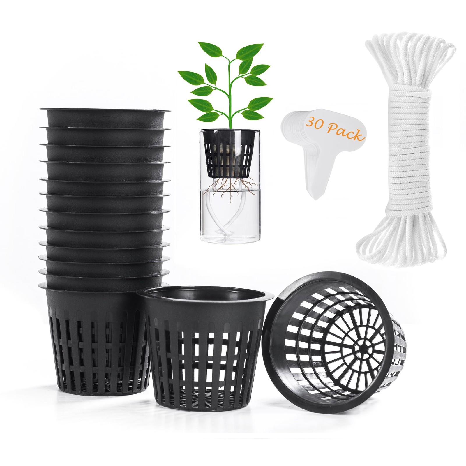 ORIMERC 30 Pack 3 inch Net Cup Pots with 30 feet Hydroponic Self Watering Wic... gallery