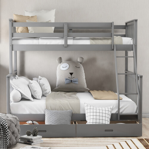 Twin Over Full Bunk Bed W/ Storage Drawers Wood Platform Beds Bedroom Furniture gallery
