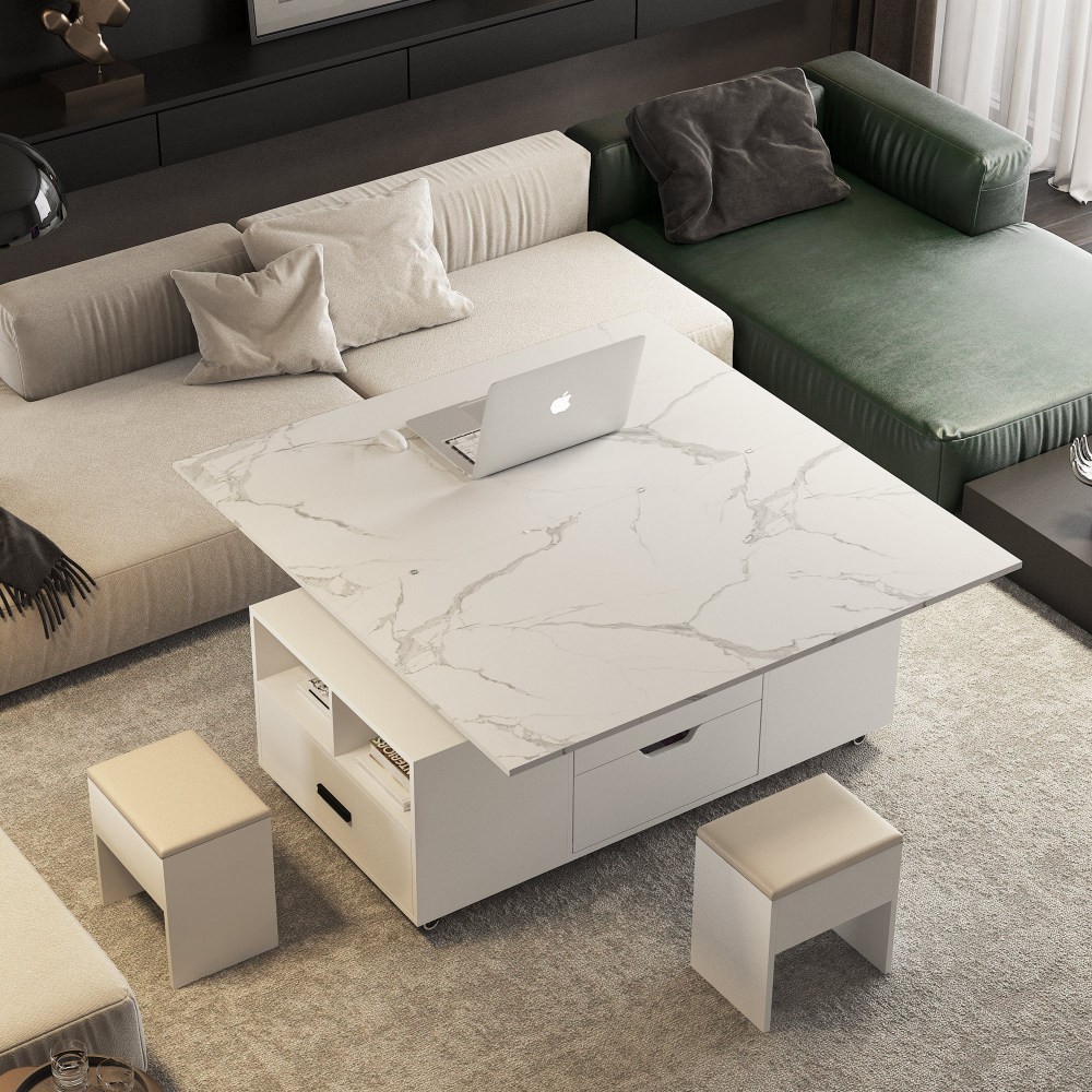 Modern Lift Up Coffee Table w/ Hidden Storage 2 Stools Convertible Dining Table gallery