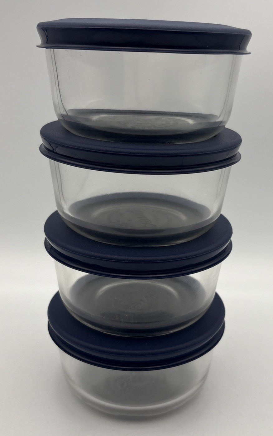 Pyrex (#7202) 1 Cup / 236 mL Round Glass Container w/ Blue Lid Set of 4 PreOwned gallery