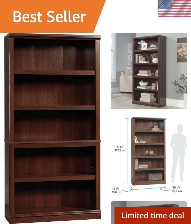 Bookcase 5 Shelf Storage Bookshelf Adjustable Cherry Finish Tall Furniture gallery
