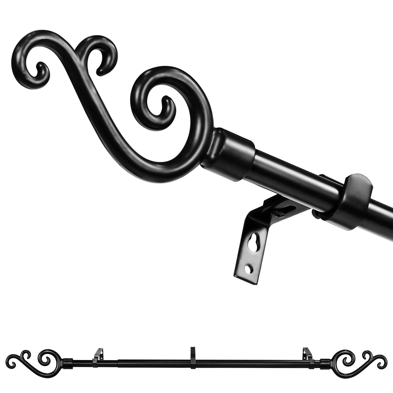 5/8" Single Drapery Curtain Rod Set with Scroll Finials,28"-48"/48"-84"/84"-120" gallery