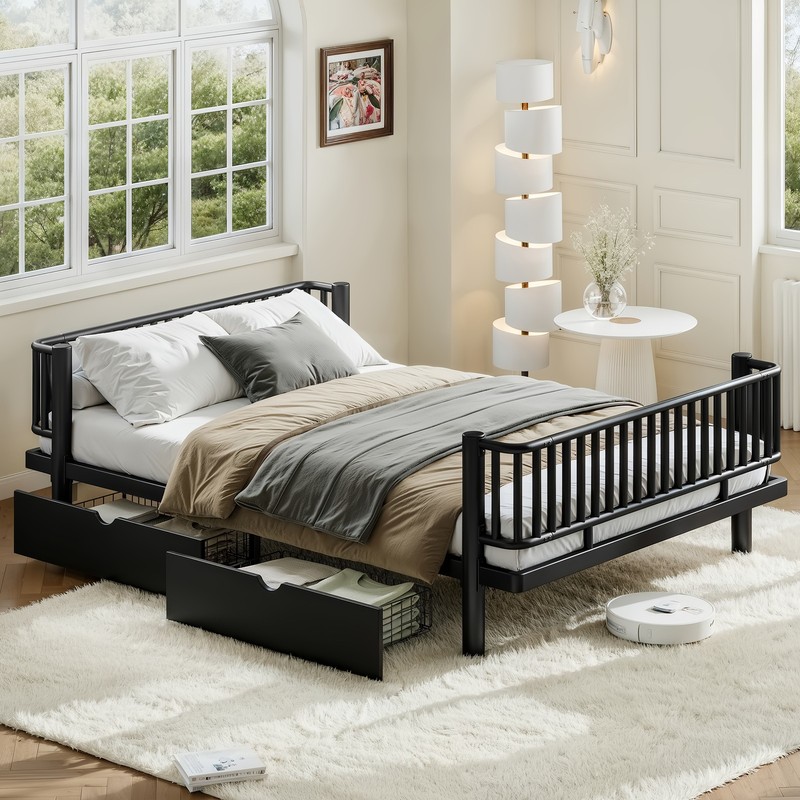 Queen Size Metal MDF Platform Bed Frame Daybed Slatted W/ Storage Drawers Black gallery