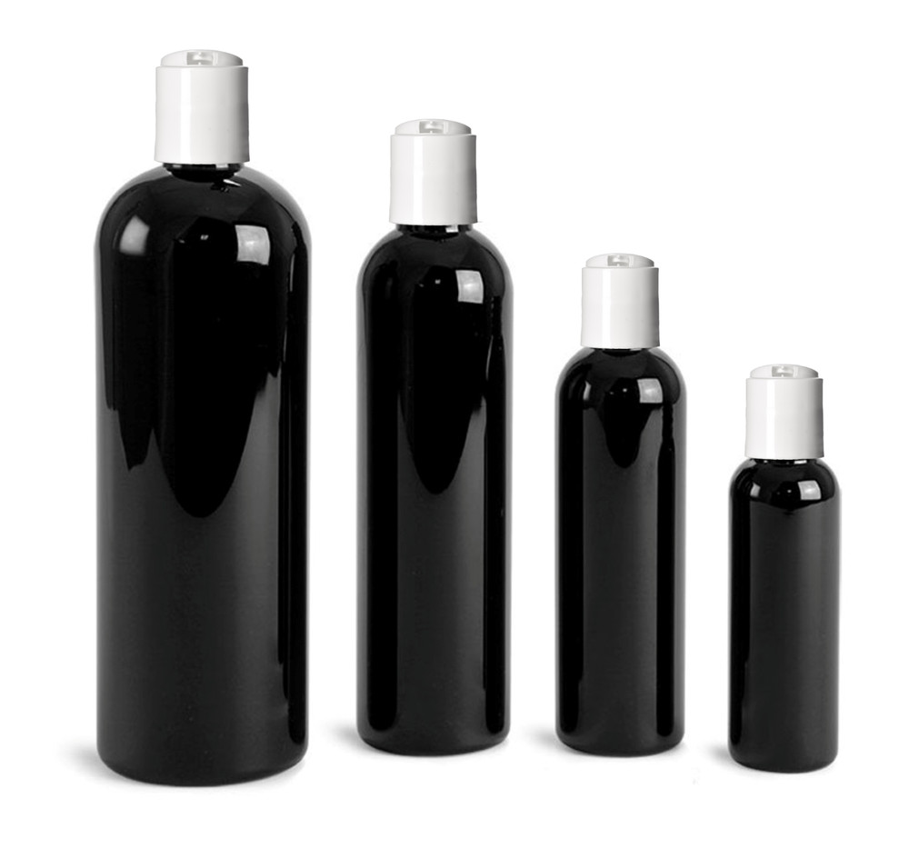 Black Cosmo Round PET Plastic Bottles Empty With White Disc Cap Lids & Liners