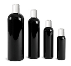 Black Cosmo Round PET Plastic Bottles Empty With White Disc Cap Lids & Liners