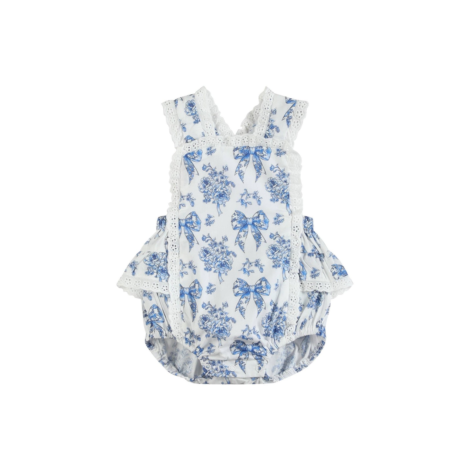 Blue and White Print Apron Ruffle Romper gallery