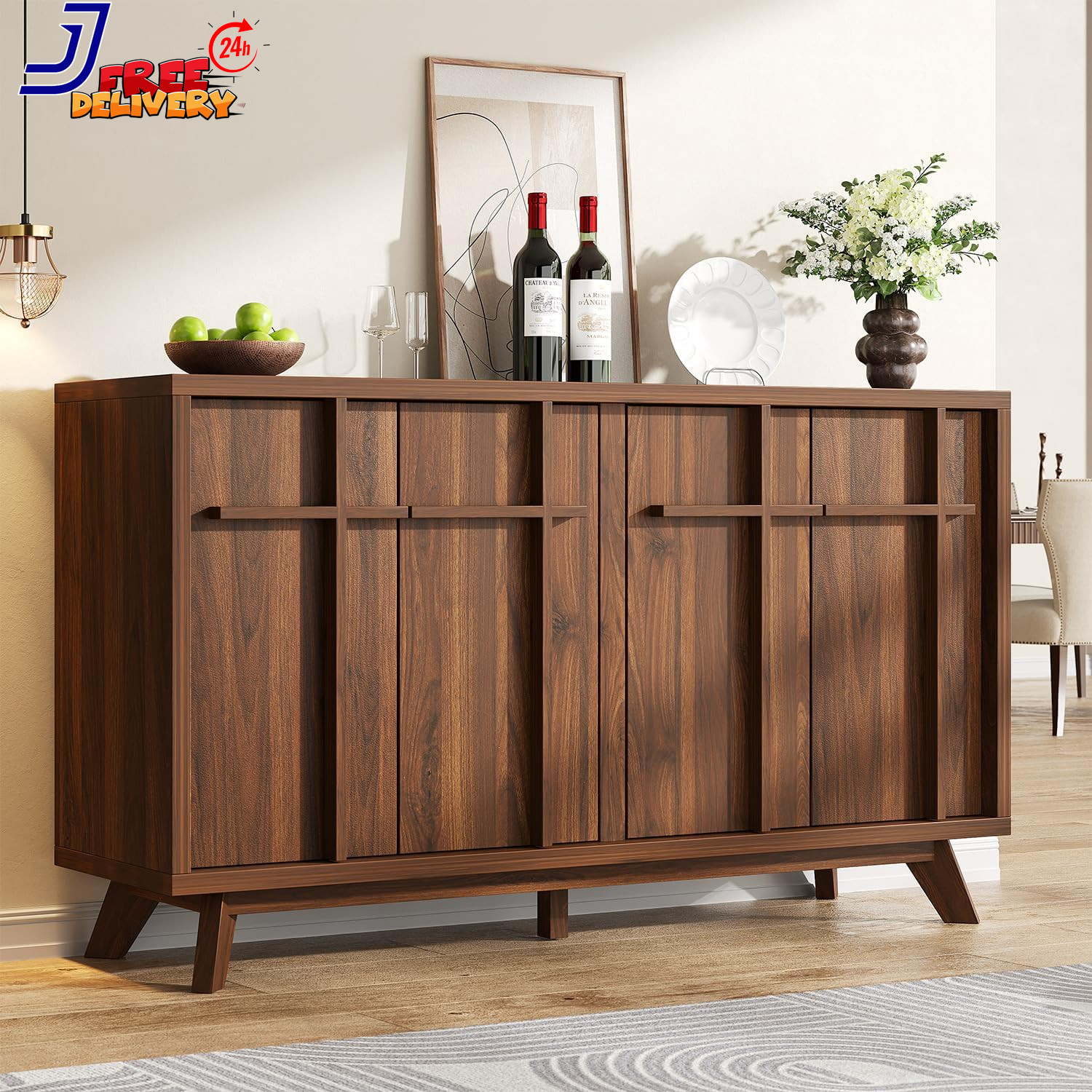 Modern Walnut Sideboard Buffet Cabinet with Adjustable Shelves & Storage NEW gallery